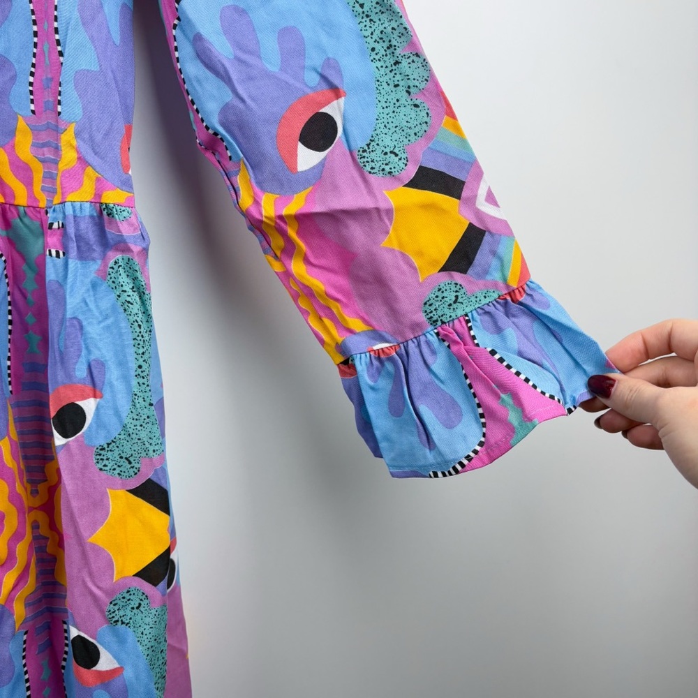 Nooworks Mucci Olive Dress Eye Rainbow Button Front Long Sleeve Maxi NEW Large - Picture 6 of 8